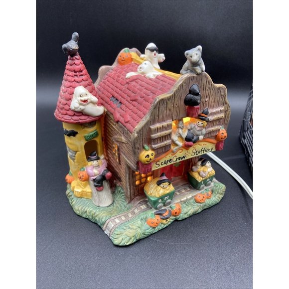 Halloween Harvest Scare Crow Stuffery Porcelain Lighted House - Picture 6 of 7